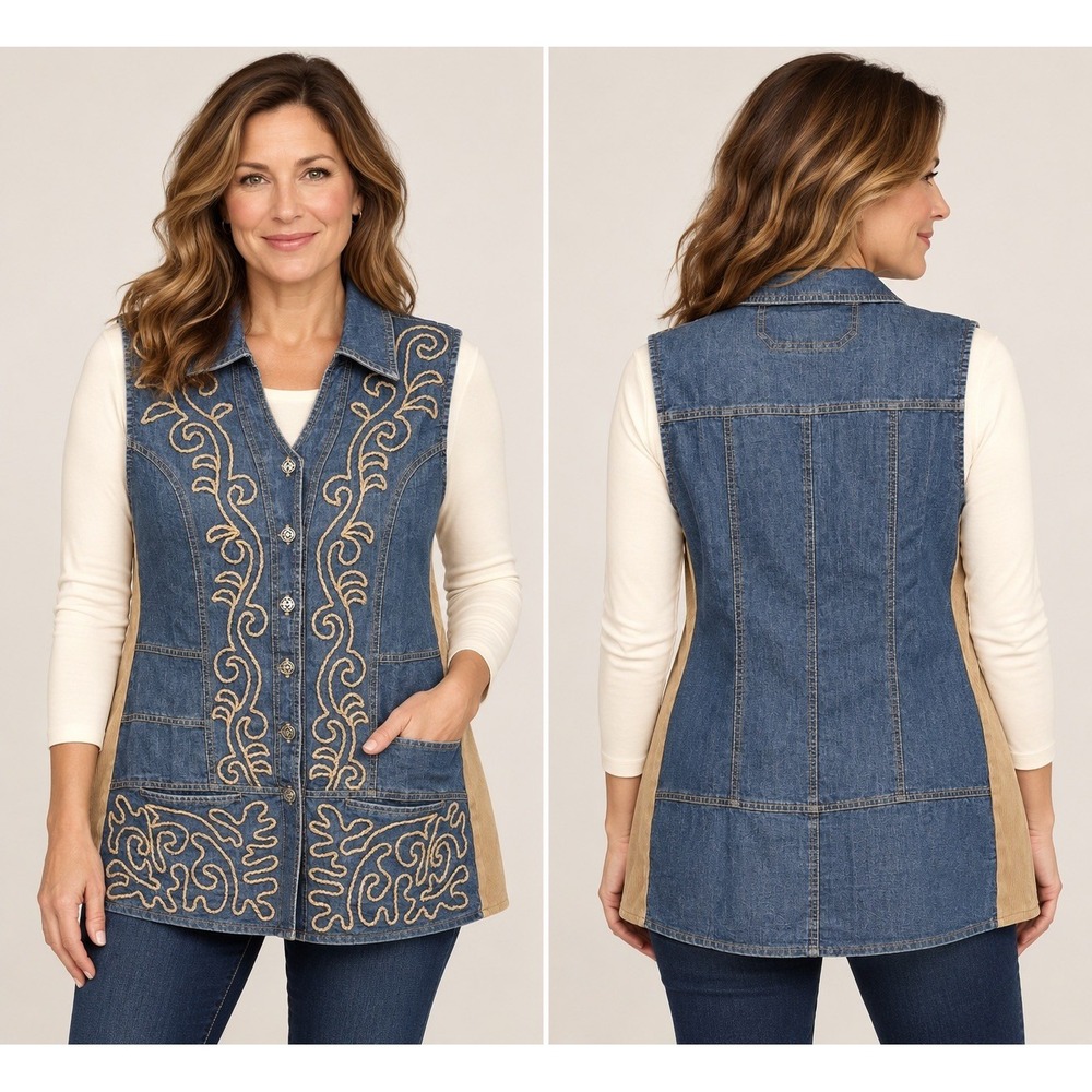 PARSLEY & SAGE VEST WOMENS SZ XL BLUE DENIM EMBROIDERED BUTTON CAMBRAY SIDE